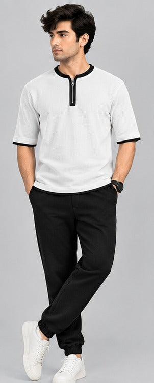 Men’s Thermal Waffle Knit Half-Zip Track Suit – White & Black